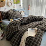 Yeknu  Bedding Set Ins Ambiance Blue Coffee Grid Mixed With Washed Cotton Minimalist Four Piece Set Fitted Sheets Duvet Cover