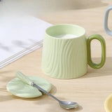 Yeknu  Chinese Style Ceramic vertical stripe Tea Mugs, Home Personal Office Creative With Cover Spoon Milk Water Coffee Cup, 320ml, 1Pc