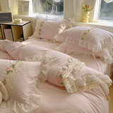 Yeknu  New INS Princess Style Bedding Sets Ruffle Lace Bow Quilt Cover Romantic Bedclothes Woman Girls Bedroom Duvet Cover 4pcs