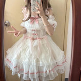 Japanese Kawaii Lolita Fairy Princess Dress Sweet Color Contrast Birthday Party Dresses Harajuku Lace Bow Patchwork Cute Outfit
