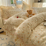 Yeknu  4Pcs Spring Vibrant Flowers 100% Cotton France Princess Style Bedding Set Single Twin Queen Duvet Cover Bed Sheet Pillowcases