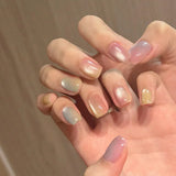 Yeknu 24Pcs Rainbow Color Glow Cat Eye Press on False Nails with Glue Glitter Short Square Nails Sweet Cool Gradient Summer Fake Nails