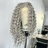 Yeknu  Long Silver Grey Curly Wig for Women Synthetic Free Part Loose Curly Gray Afro Kinky Curly Heat Resistant Fiber Wigs for Women