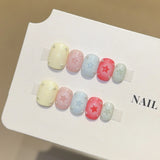 Yeknu  10Pcs Handmade Press On Nails Short Square Fake Nails Pastel Color Star & Rhinestone Full Cover Reusable False Nails for Women