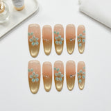 Yeknu  10pcs Fake Nails Pink Gold Cat Eyes Shiny Handmade Press On Nails Fashion 3D Flowers Decor False Nail Tips Wearable Full Cover