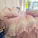 Yeknu Vintage French Plaid Lace Ruffles 100% Cotton Bedding Set Duvet Cover Set Bed Sheet/Bed Skirt/Fitted Sheet Pillowcases 4Pcs