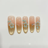 Yeknu  10pcs Fake Nails Pink Gold Cat Eyes Shiny Handmade Press On Nails Fashion 3D Flowers Decor False Nail Tips Wearable Full Cover