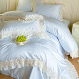Yeknu Vintage Jacquard Lace Ruffles Wedding Bedding Set Lyocell Cotton Soft Silky Duvet Cover Set Bed Sheet Fitted Sheet Pillowcases