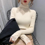 Yeknu  Women Clothing Hollow Lace Patchwork Turtleneck Sweaters Autumn Winter Fashion All-match Solid Knit Pullovers Office Lady Tops