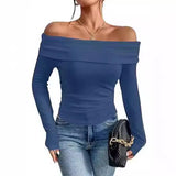 Yeknu  Women Clothing Sexy Off-shoulder Slim-fitting Long-sleeved T-shirts Autumu Winter Europe America Solid Off Shoulder Top Tees