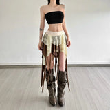 Yeknu  SylCue Mesh Patchwork Mini Skirts Women Y2K Style Elastic Waist Ruffles Ribbon Sweet Girls Street Fashion Elegant Skinny Bottoms