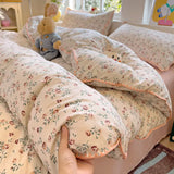 Yeknu Ins Bedding Set Purple Love Stripe Double Layer Yarn Four Piece Dormitory Girl Heart Bed Sheet And Quilt Set Washed Cotton