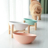 Yeknu  Ceramic Round Pet Bowls, Home Removable Cat Food Bowl With Frame 45° Tilted Design Wood Bottom Pets Drinking Feed Tableware, 1Pc