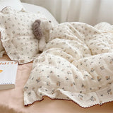 Yeknu INS Princess Ruffle Edge Gauze 100% Cotton Pillow Case Breathable Duvet Cover Without Filler 3PCS Floral Home Bedding Set