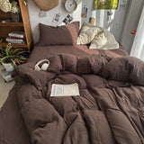 Yeknu Bedding Set Ins Ambiance Blue Coffee Grid Mixed With Washed Cotton Minimalist Flat&Fitted Sheets Duvet Cover Set With Pillowcase