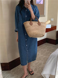 Yeknu  Spring Summer Women Casual Denim Shirt Dress Loose Long Sleeve Cardigan Dress Korea Ladies Womens Denim Shirt Long Dresses