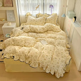 Yeknu  new cream lace girl powder grid Korean version bed four-piece set washed cotton double-layer yarn quilt cover dormitory