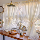 Yeknu  French Cream Style Ruffled Lace Tulle Curtains Light Yellow Romantic Short Sheer Curtain For Living Room Bedroom Glass Door