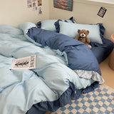 Yeknu Ins Princess Bedding Set 2024 New Duvet Cover Fresh Blue Solid Color Floral Wrinkled Yann Bed Set Of Four Pieces Bed Sheets