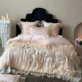 Yeknu  Chiffon Ruffled Lace Ruffles Embroidery Princess Wedding Bedding Set Egyptian Cotton Duvet Cover Quilted Bedspread Pillowcases