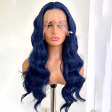 Yeknu  Dark Blue Wig Body Wave Synthetic Lace Front Wig Middle Part Long Wavy Natural Curly 13X4 Frontal Wigs for Women Daily Party