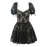 Yeknu  Jastie Sexy Sweet Women Puff Sleeve V Neck A-line Mini Lace Dresses Black White Summer Pretty Girl Party Dress Holiday Robe