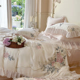 Yeknu  100% Cotton Floral Embroidery Bedding Set French Ruffle Lace Duvet Cover Set Elegant Rose Comforter Cover Bed Sheet Pillowcases