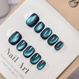 Yeknu 10Pcs Shiny Blue Short Ballerina Handmade Press on Nails Full Cover Cat Eye Design False Nails Manicure Wearable Nail Tips Art