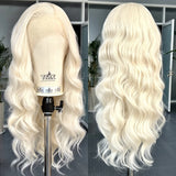 Yeknu  Long Wavy Platinum Blonde Wig Synthetic Loose Body Wave Free Part Natural Curly Colored 13X4 Lace Front Wigs for Women Daily