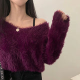 Yeknu  Autumn Winter Pullover Furry Sweater Tops Women V-Neck Korean Modis Ladies Cropped Sweaters Long Sleeve Loose Woman Sweater