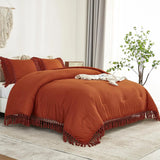 Yeknu  Boho Tassel Comforter Set in Burnt Orange, 3-Piece Lightweight Fall Bedding with Rust Accents (90x90In & 2 Pillowcases)