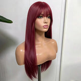 Yeknu  Burgundy Layered Wig Natural Straight Long Burgundy Wig Synthetic Bangs Wig Wine Red Synthetic Wig for Women Daily Party Use