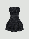 Yeknu  Sweetra New Winter French Fashion Polka Dot Lace Ruffle Bow Design Office Commute Casual Cute Sweet Style Strapless Bodycon Cinc
