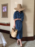 Yeknu  Spring Summer Women Casual Denim Shirt Dress Loose Long Sleeve Cardigan Dress Korea Ladies Womens Denim Shirt Long Dresses