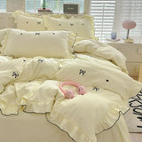 Yeknu  French Ins Princess Style Lace Four-piece Set Washed Cotton Embroidered Quilt Cover Set Bow Girly Heart Bed Sheet Three-piece