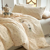 Yeknu  Soft washable four-piece set embroidered cartoon cute quilt cover sleeping naked student dormitory three-piece set