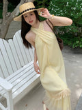 Yeknu  Summer Cross Halter Long Dress French Style Splicing Tassel Hem Holiday Style Bohemian Dresses Women Casual Beach Dress