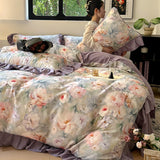 Yeknu Nordic Bedding Sets 100% Cotton Floral Flat Bed Sheet Set 2 Pillowcases Skin-Friendly Queen King Double Size Bed Linen Set