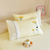 Yeknu 100% Cotton Bedding Set Ins Korean Floral Embroidered Lace Trim Duvet Cover Bed Linen Bed Sheets Set Pillowcase Twin Double Size