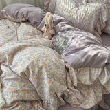 Yeknu 3/4Pcs Korean Princess Style Floral Ruffles Bedding Set Skin-friendly Soft Duvet Cover Set Bed Sheet Or Bed Skirt Pillowcases