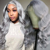 Yeknu  Silver Grey Lace Front Wig Synthetic Lace Wig Glueless Body Wave Long Wavy Silver Wig Body Wave Long Grey Hair Wigs for Women
