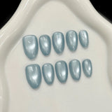 Yeknu  10pcs Handmade Short Almond Press on Nails Blue Ocean Aurora Fake Nail Tips Wearable Reusable Shiny Cat Eye Design False Nails