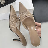 Yeknu  Elegant Mesh Fabric Butterfly-knot Pointed Toe Slippers Women Sexy Thin Heels Party Prom Mule Shoes