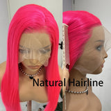Yeknu  Hot Pink Wig Long Straight Synthetic Hair Lace Front Wigs for Women Bright Pink Long Silky Straight Lace Hair Cosplay Daily Wear