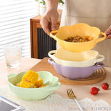 Yeknu  1pc Nordic Creative Ceramic Double Ear Lace Shape Bowl 650ML Household Cream Style Tableware Fruit Salad Soaked Noodle Soup Bowl