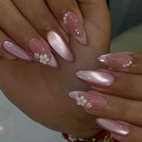 Yeknu  24Pcs Pink Cat Eye Press On Nails Almond Shape False Nails with 3D Flower Pearl Design Full Cover Acrylic Fake Nails for Women