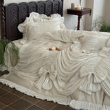 Yeknu  New Retro French Style 3D Oil Painting Floral Duvet Cover Set, Princess Ruffled 100% Cotton Dark Coffee Color 4-in-1 Bedding Set