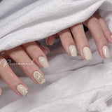 Yeknu  10Pcs Painted Plaid False Nails 3D Flower Acrylic Press on Nails Short Coffin Ballet Fake Nails Nude Pink Cat Eye Nail Art Fall