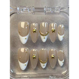 Yeknu  10pcs/Set Long Almond Stiletto French Manicure Faux Nails, Classic Simple Gold Stars Rhinestone Metal Chain With Shine