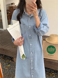 Yeknu  Spring Summer Women Casual Denim Shirt Dress Loose Long Sleeve Cardigan Dress Korea Ladies Womens Denim Shirt Long Dresses